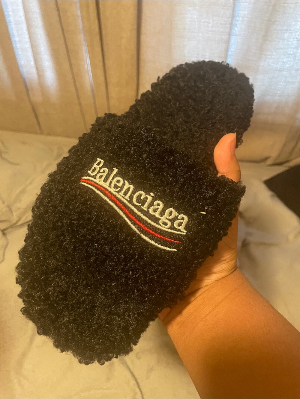 Balenciaga Black Sherpa Slide with Red and White Embroidered Stripe